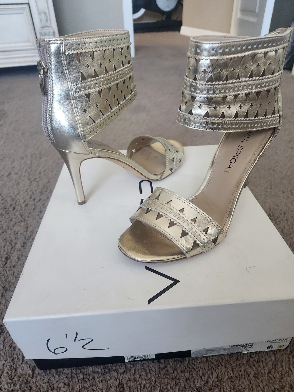 Via Spiga Metallic Gold Laser-Cut Ankle-Cuff Stiletto Sandals
